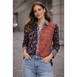 Cino Mixed Floral Long Sleeve Button-Front Shirt Top Blue/Red Women's Size S